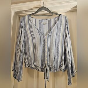 American Eagle Outfitters Blue and White Tie Front Crop Blouse
